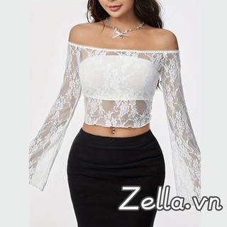 Áo thun nữ dài tay ren lưới xuyên thấu vai mùa xuân thu Slim Fit Crop Tops