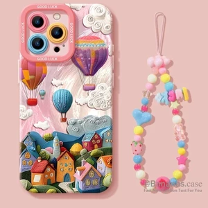 Phim hoạt hình Hot Air Balloon + Dây buộc điện thoại cho iPhone 17 16 15 14 13 12 11 Pro Max X Xr Xs Max 7 8 Plus SE2020