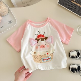 Áo thun ngắn tay mùa hè mới cho bé gái, in hình lợn 3D thời trang, áo nửa tay cho bé gái