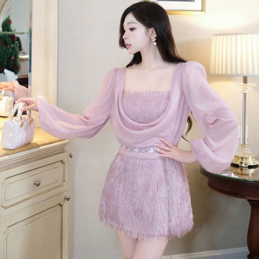 Đầm KHIẾT dáng suông lông vũ kèm áo choàng tằm phong cácg dự tiêc sang chảnh KD44