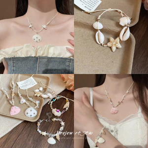DREJEW Hạt gạo dát kim cương pha lê vỏ ngọc trai mặt dây chuyền vòng cổ bên bờ biển phong cách kỳ nghỉ chuỗi xương đòn vòng cổ ngọt ngào tươi