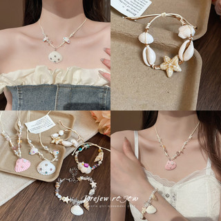 DREJEW Hạt gạo dát kim cương pha lê vỏ ngọc trai mặt dây chuyền vòng cổ bên bờ biển phong cách kỳ nghỉ chuỗi xương đòn vòng cổ ngọt ngào tươi