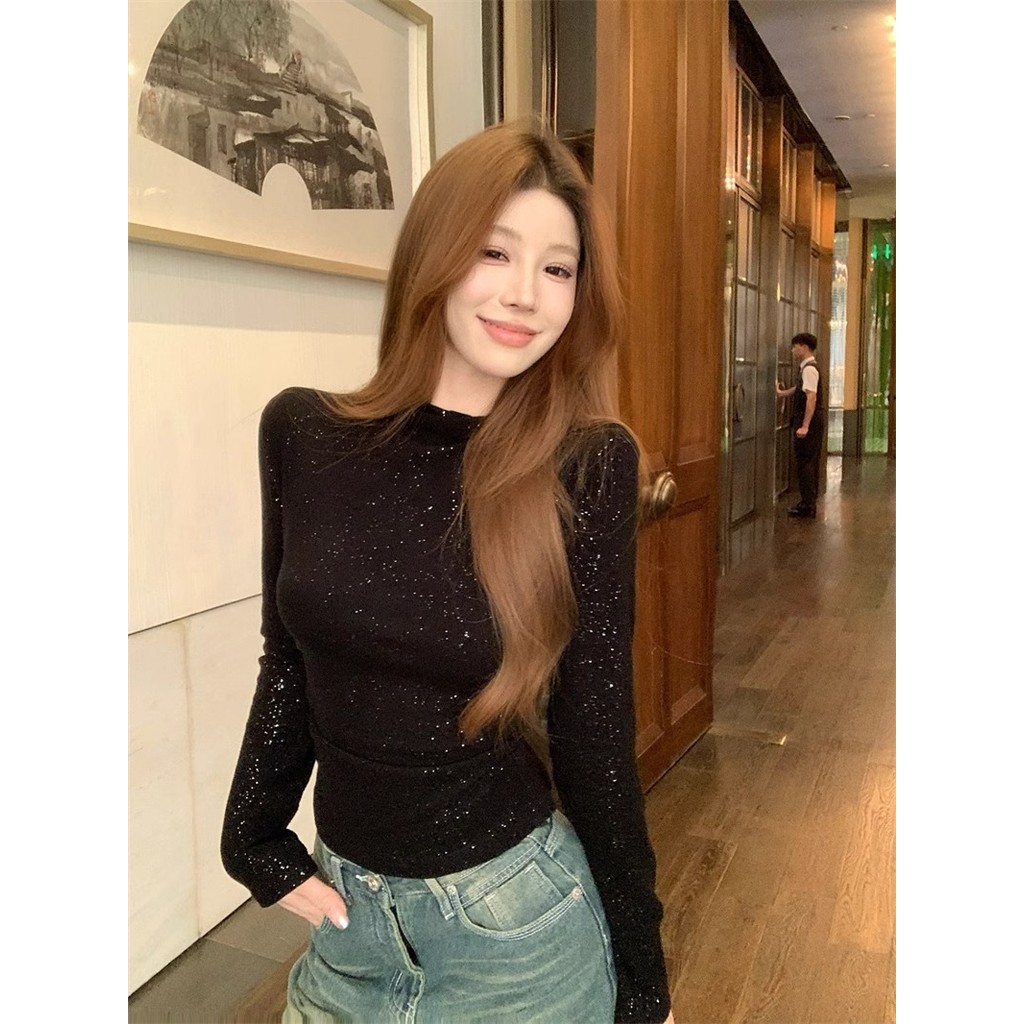 Milyfashion Thu Đông Ấm Áp Đức Nhung Nửa Cổ Cao Sáng Bóng Dài Tay T Slim-Fit Ôm Hơn Nhìn Ngắn Bên Trong Đáy Áo Sơ Mi