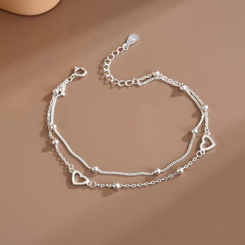 Đơn giản S925 Bạc Hai Lớp Trái Tim Tình Yêu Vòng Hạt Vòng Tay Thời Trang Lãng Mạn Nữ Trang Sức Có Thể Điều Chỉnh Quà Tặng