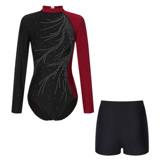 Yhong Nữ Tay Dài Choàng Cổ Màu Khối Lấp Lánh Kim Cương Giả Leotard Có Quần Short Cho Thể Dục Vũ Hình Trượt Băng