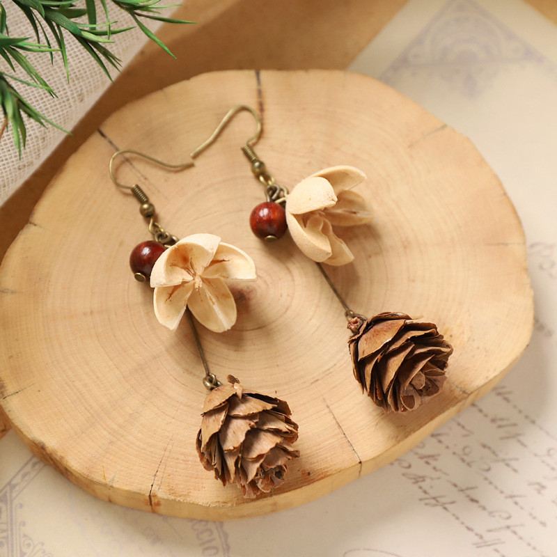 GHGl❤️Thực Vật Chính Hãng Bông Tai Rừng Trái Cây Tự Nhiên Acorn Handmade Retro Nữ Dài Phong Cách Dân Tộc Văn Học Trung Quốc Y Học Bông Tai