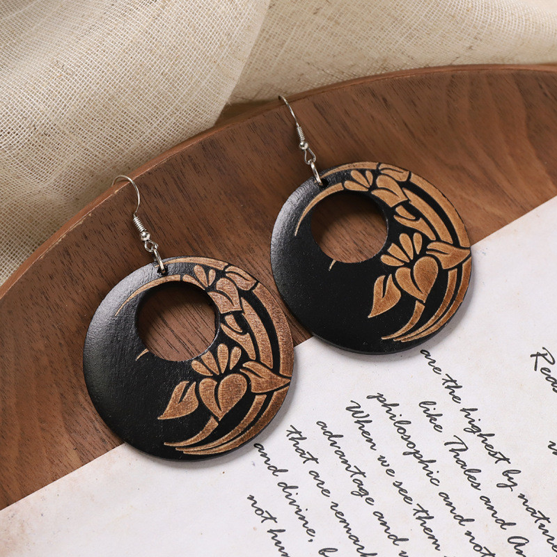 GHGl❤️Bông tai thiết kế khắc gỗ phong cách Trung Quốc retro, kiểu tròn dân tộc nữ tính