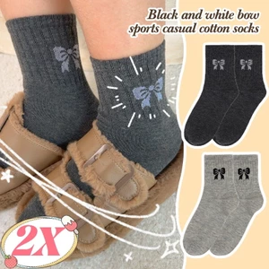 2 Đôi Tất Ống Giữa Nơ - Thoải Mái, Thoáng Khí, Mềm Mại, Phong Cách INS - Vớ Cotton Giữa Ống Chống Pilling - Tất Dày Mùa Thu Đông Ấm Áp
