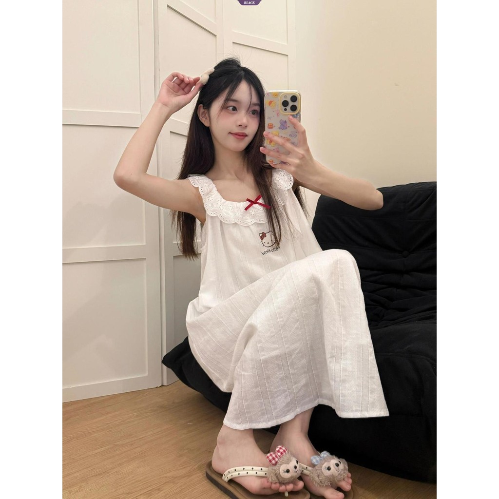 Suspender Ren Hello Kitty Váy Ngủ Nữ Mùa Hè Phong Cách Công Chúa Ký Túc Xá Nơ Ngọt Ngào Mới Quần Áo Nhà [BL]