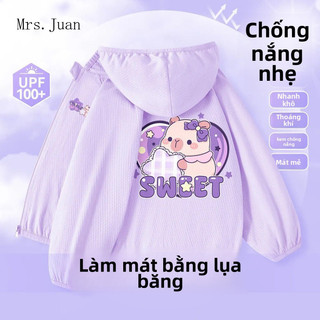 Áo khoác chống nắng bé gái hình Capybara – Vải lạnh mỏng nhẹ, khô nhanh, có mũ che nắng, UPF100+
