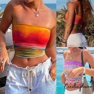 Phụ Nữ Quấn Ngực Ống Áo In Thuyền Cổ Dây Bể Áo Mùa Hè Lưng Bandeau Crop Tops