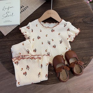 Bộ đồ ngủ màu tương phản dành cho bé gái mẫu mỏng mùa hè, đồ mặc nhà cho bé gái phong cách công chúa hoa nhí, bộ đồ hai chiếc ngắn tay
