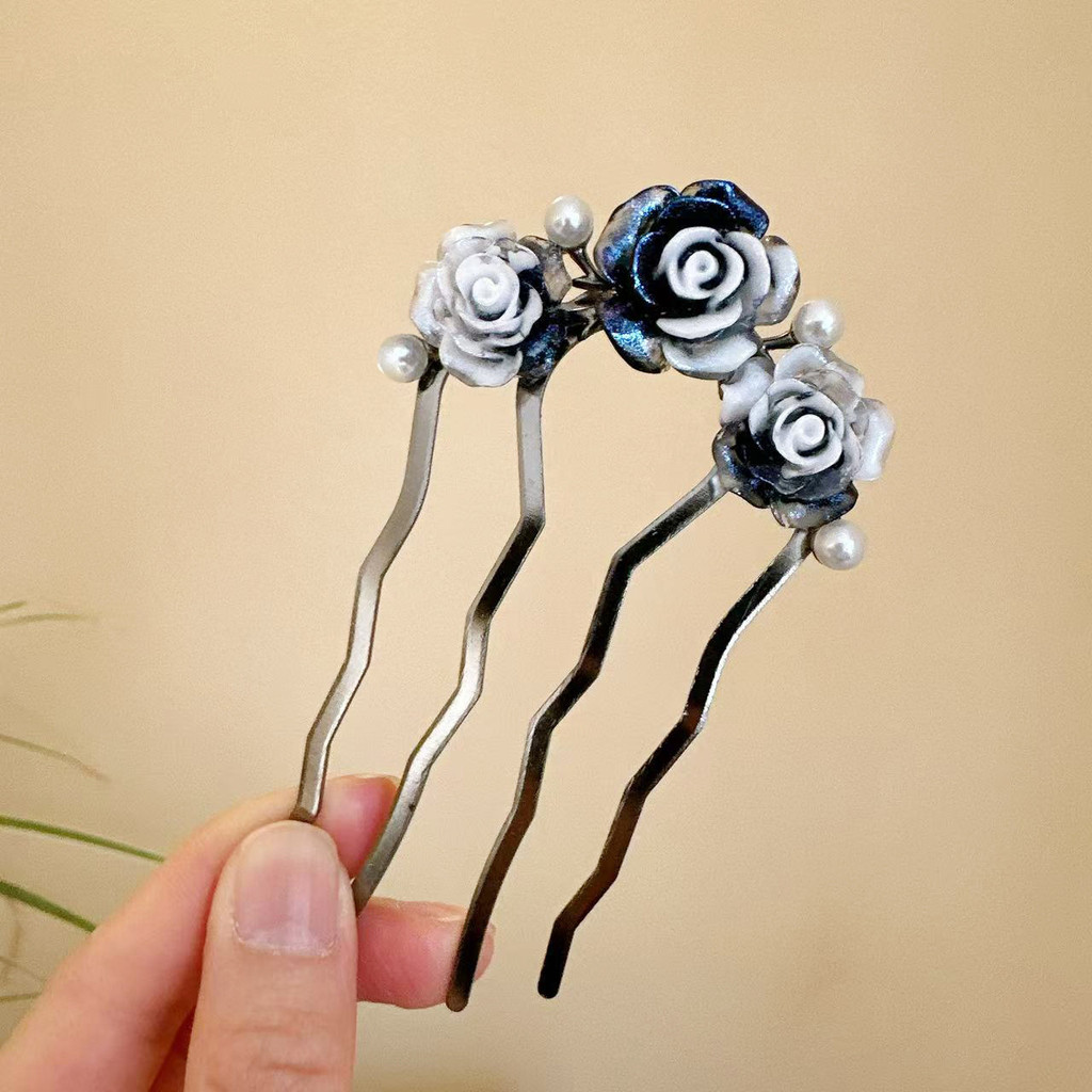 Kẹp tóc lược đính hoa hồng 133cm xanh, phong cách Trung Hoa, phụ kiện tóc đầu sau