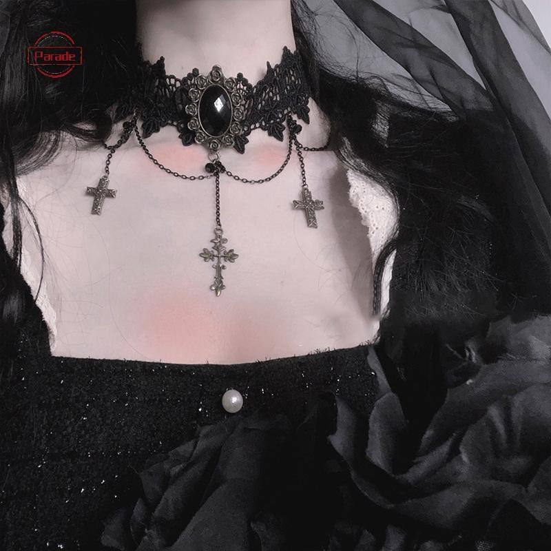 Cuộc diễu hành Gothic Chokers Có Thể Điều Chỉnh Ren Vòng Cổ Choker Có Thánh Giá Vintage sel Dây Xích Nữ Steampunk Trang Sức Halloween Trang Phục Halloween VN