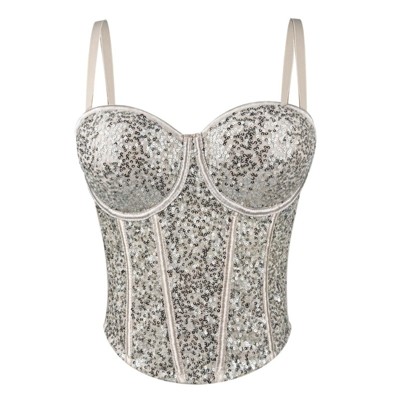Dasbsug Lấp Lánh Kim Sa Lấp Lánh Sheer Lưới Corset Spaghetti Dây Đeo Bustier Áo Cho Nữ