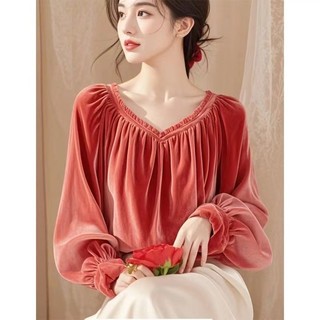 Độc Đáo Đẹp Năm nay Phổ Biến Ánh Sáng Đẹp Sang Trọng Giảm Tuổi Phong Cách Phương Tây Mai Vàng Nhung Áo Sơ Mi Nữ Thu Đông 24.12.4