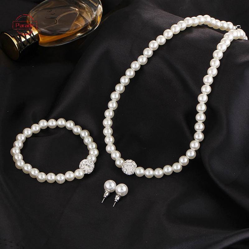 Diễu Hành 3in1 Bộ Nữ Cưới Kim Cương Giả Ngọc Trai Vòng Cổ Vòng Tay Bông Tai Dự Tiệc Trang Sức Quà Tặng VN