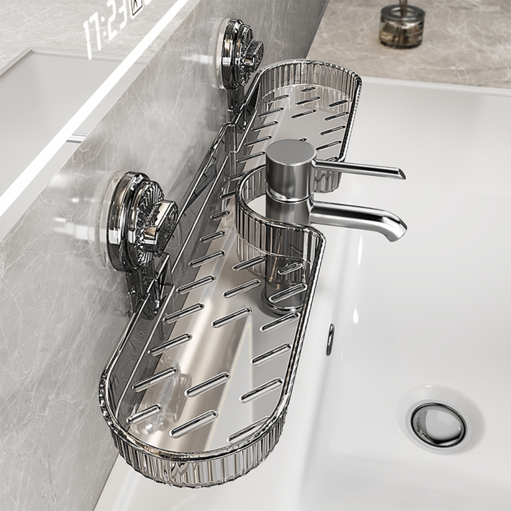 Kệ Gắn Bồn Rửa Mặt Trong Suốt Cốc Hút, Giá Đựng Đồ Nhà Tắm Có Lỗ Thoát Nước Đa Năng