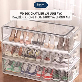 Hộp Đựng Giày Gấp Gọn Vải Lưới PVC Dày Dặn Khung Thép Chịu Lực Có Ngăn Kéo Khóa Kín Chống Ẩm Mốc