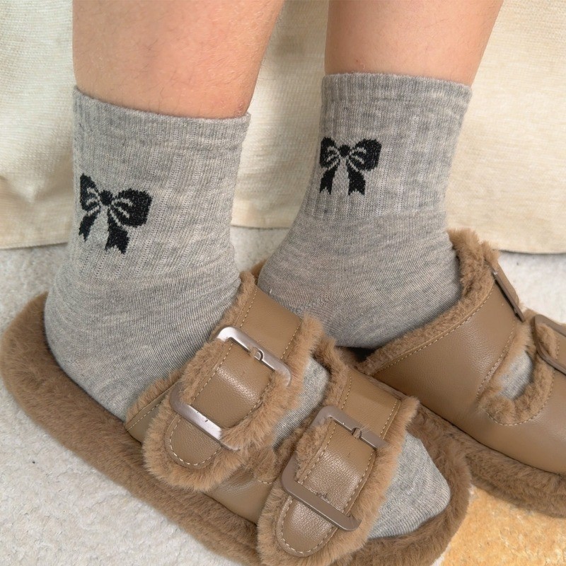 2 Đôi Tất Ống Giữa Nơ - Thoải Mái, Thoáng Khí, Mềm Mại, Phong Cách INS - Vớ Cotton Giữa Ống Chống Pilling - Tất Dày Mùa Thu Đông Ấm Áp