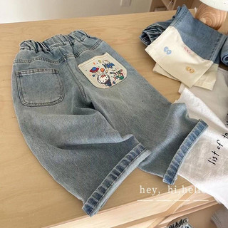 Quần jeans rộng rãi phong cách Hàn Quốc mới cho bé gái mùa xuân và mùa thu, quần thẳng thời trang cho trẻ em, quần dài hoạt hình cho bé gái