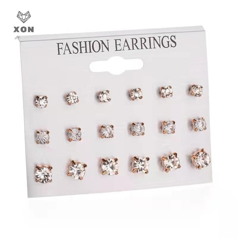 XON Set 9 Đôi Bông Tai Đính Đá Pha Lê Hình Vuông Đơn Giản Thời Trang Cho Nữ