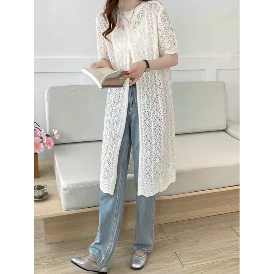 SUXI Mùa hè Mới Đơn Giản Nữ Phong Cách Hàn Quốc Móc Hoa Rỗng Dệt Kim Cardigan 250510