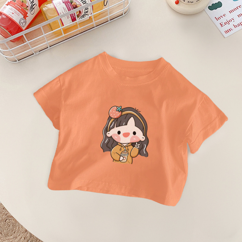 2025 Áo thun crop top KUMORI mới cho bé gái, in 2D dễ thương, trang phục thường ngày