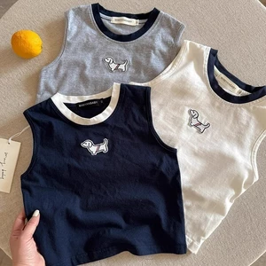 Áo phông không tay hoạt hình trẻ em cotton mùa hè, Ba Lỗ thêu hình chó con phong cách phương Tây cho bé trai bé gái
