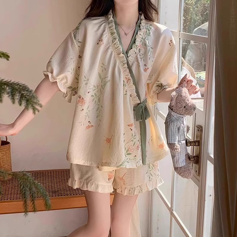 Phong Cách Mới Mùa Hè Mới Phong Cách Trung Hoa Phối Ren Quần Short Tay Ngắn Bộ Đồ Ngủ Nữ Mỏng Phong Cách Có Thể Mặc Bên Ngoài Tươi Cổ Rhyme Phong Cách Trung Hoa Quần Áo Gia Đình