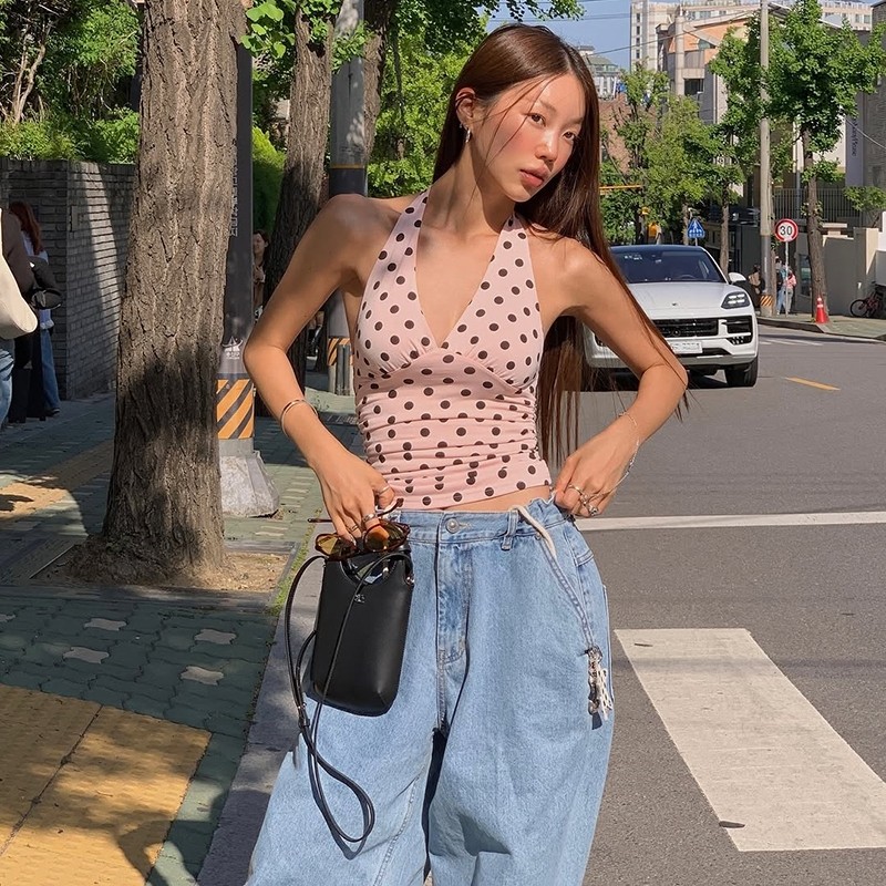 Cutenew Dây Sóng Điểm Vest Sâu V Tắt Vai Chắp Vá Ruched Lưng Skinny Nữ Thời Trang Gợi Cảm Đa Năng Phong Cách