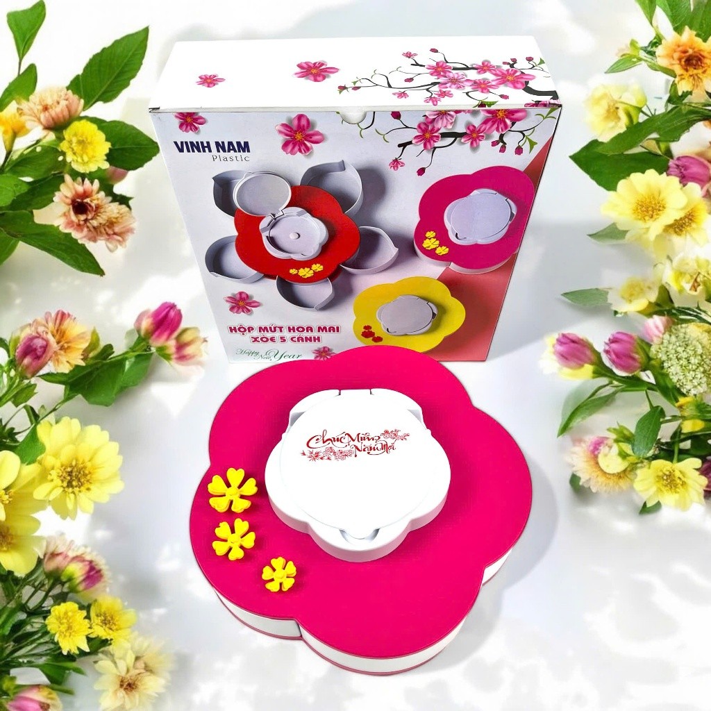 Hộp Đựng Mứt Tết Hoa Mai Xòe 5 Cánh Cao Cấp Vinh Nam Hộp Bánh Kẹo Khay Đựng Mứt Tết