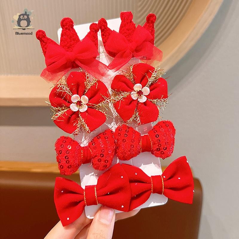 [Bluemood] 8 Cái / bộ Kẹp Tóc Nơ Đỏ Cho Bé Gái Handmade Ruy Băng Nơ Kẹp Tóc Barrettes Năm Mới Giáng Sinh Phụ Kiện Tóc Mới
