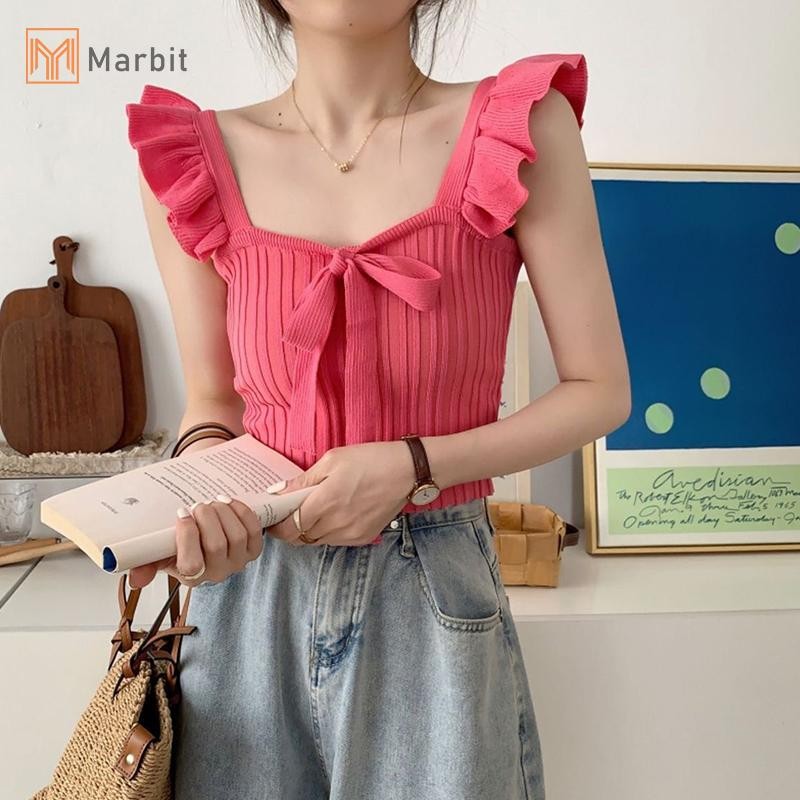 Marbit Mùa Hè Nữ Ngọt Nơ Xù Màu Trơn Không Tay Ôm Dệt Kim Camisole Mới
