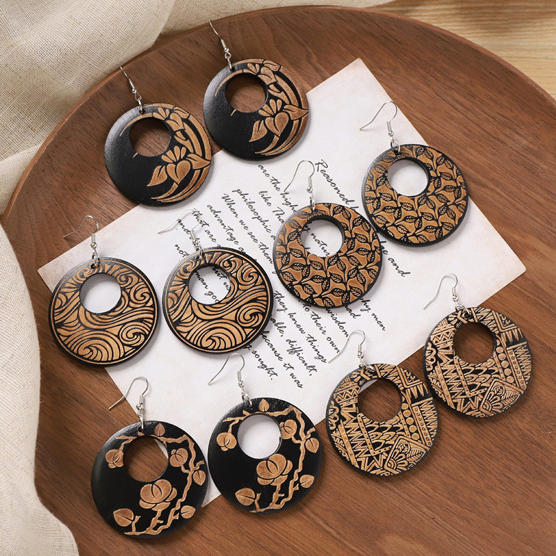 GHGl❤️Bông tai thiết kế khắc gỗ phong cách Trung Quốc retro, kiểu tròn dân tộc nữ tính