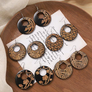 GHGl❤️Bông tai thiết kế khắc gỗ phong cách Trung Quốc retro, kiểu tròn dân tộc nữ tính