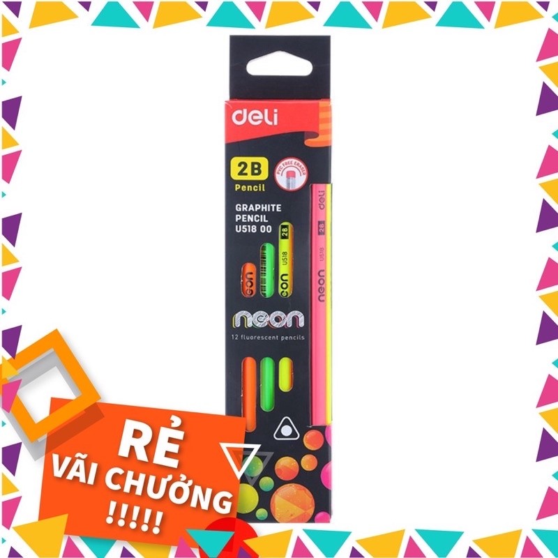 [ HỘP 12C] Bút chì đen chì gỗ, chì chuốt 2B Deli NEON DELI U518 00, thân 3 cạnh tam giác định vị, kèm gôm tẩy.
