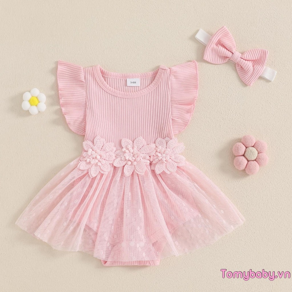 Áo liền quần mùa hè cho bé gái có lưới ngắn tay cổ chữ O Miếng dán hoa Bộ áo liền quần dễ thương + Băng đô nơ