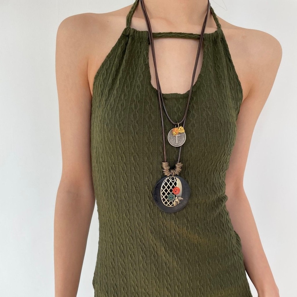 [3485 Người Đã Thích] Dây chuyền áo len gỗ phong cách rừng, phụ kiện vintage, phong cách Trung Quốc, dây chuyền dài với mặt dây chuyền tròn xếp chồng nhiều lớp, phong cách dân tộc URQQ