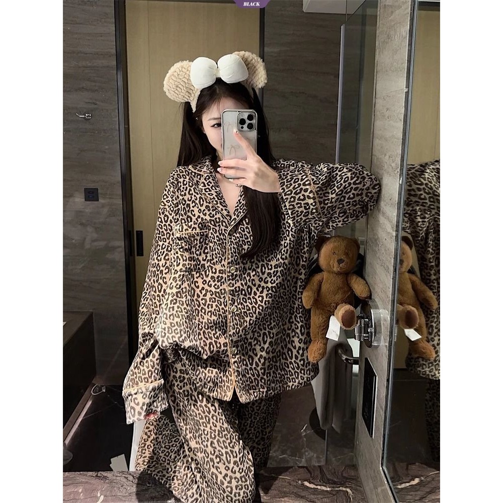 Bộ đồ ngủ in họa tiết da báo cao cấp dành cho nữ Xuân Thu Áo len Cardigan dài tay đơn giản Bộ đồ mặc nhà ngọt ngào [BL]