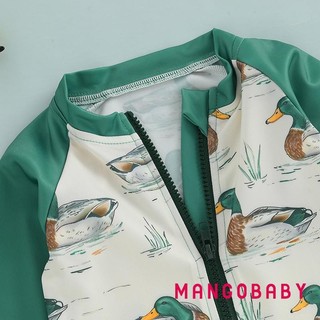 MG-Toddler Boy Rash Guard Đồ bơi có mũ 2 chiếc Bộ họa tiết vịt có khóa kéo dài tay cổ tròn Đồ bơi bé trai