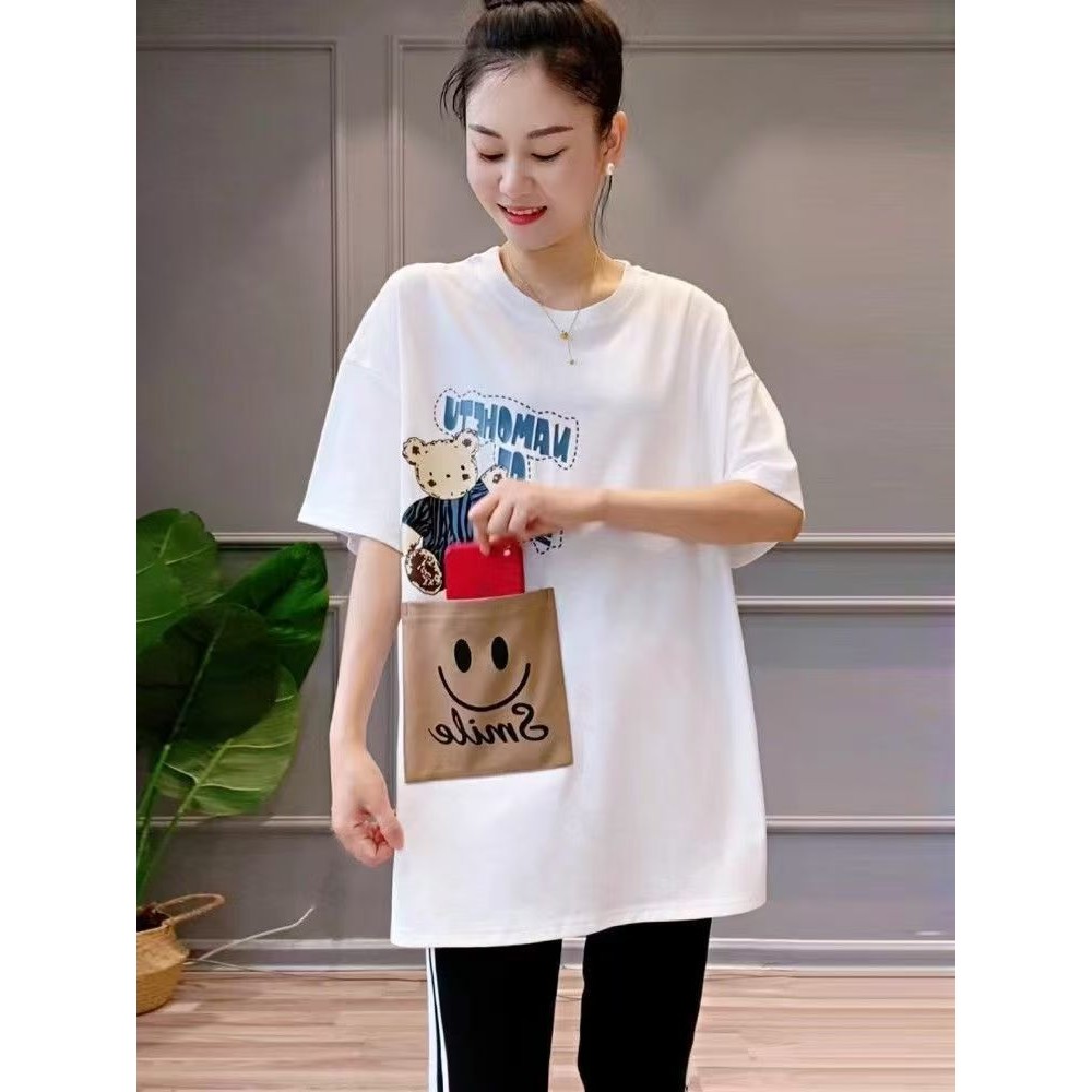 150kg Mùa Hè Phong Cách Mới Áo Thun Rời Thường Ngày Gấu Giữa Chiều Dài Túi Ngắn Tay Top