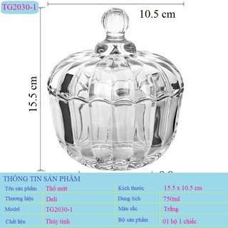 Thố Thủy Tinh Đựng Mứt Bánh Kẹo Đẹp Cỡ Trung Deli TG2030-1 Dung Tích 750ml