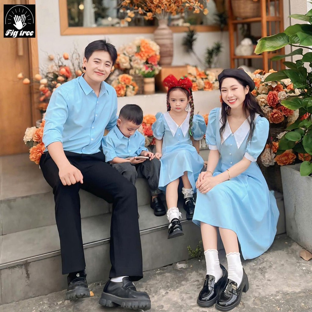 Set Sơ Mi Váy Gia Đình Fig Tree Màu Xanh Nhạt Phối Chụp Hình, Đi Tiệc Siêu Sang ( hàng thiết kế)