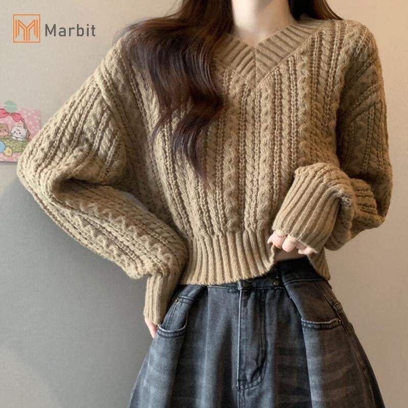Marbit Nữ Thời Trang Retro Cổ Chữ V Dài Tay Phù Hợp Với Áo Len Ngắn Dệt Kim Xoắn Mới