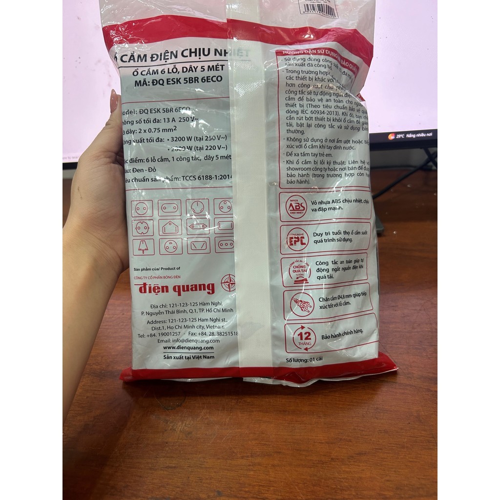 Ổ Cắm Điện Quang ECO 6 Lỗ Dây 5m – An Toàn, Chống Cháy