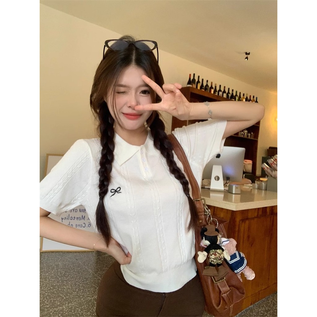 SUXI Áo thun ngắn tay thêu nơ ngọt ngào mới mùa hè dành cho nữ 250506