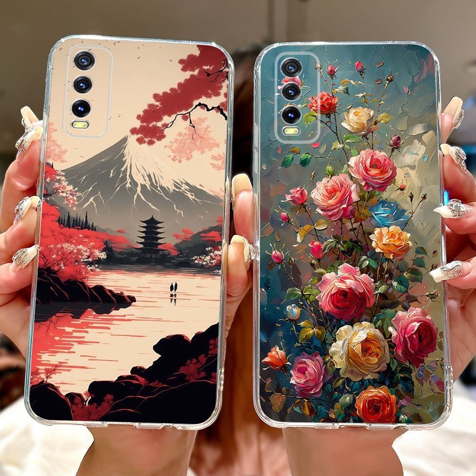 Trong Suốt Cho Vivo Y11s V2028 Y12s V2026 V2032 V2042 Ốp lưng Vivo Y12s Bao Da Mèo Dễ Thương Thời Trang Hoa Sơn Mặt Sau