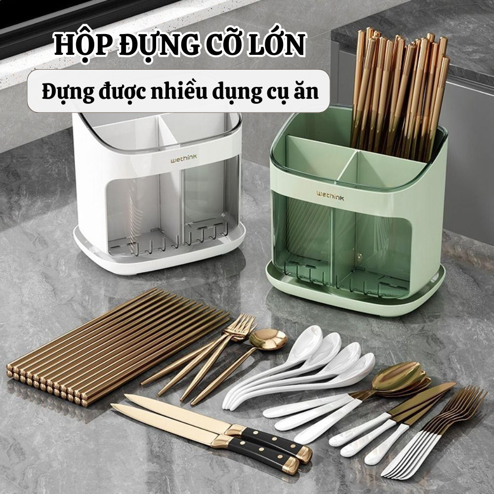 Hộp Đựng Đũa Muỗng Để Bàn Có Khay Hứng Nước Thoáng Khí, Đựng Đồ Nhà Bếp tiện lợi ngăn ẩm mốc