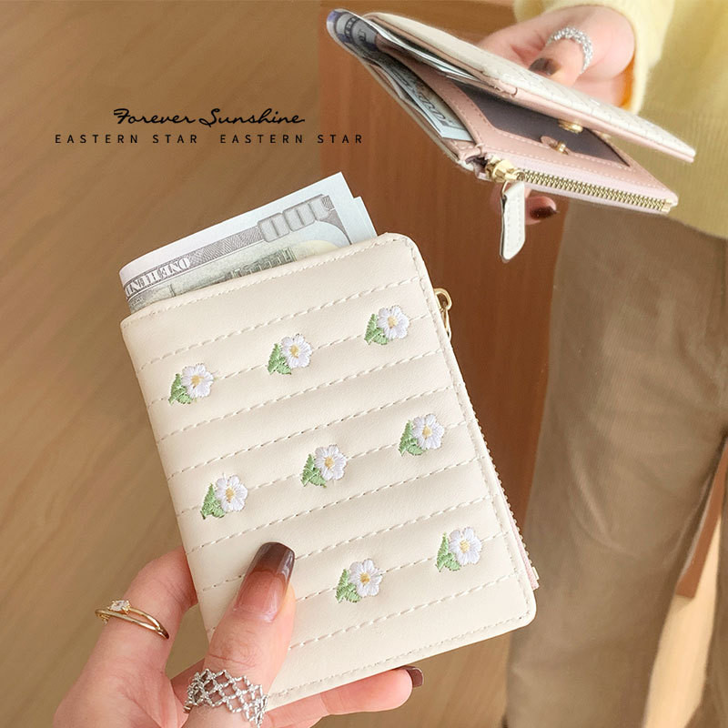 Ví Nữ Thêu Hoa Dễ Thương Phong Cách Hàn Quốc Ví Ngắn Đơn Giản